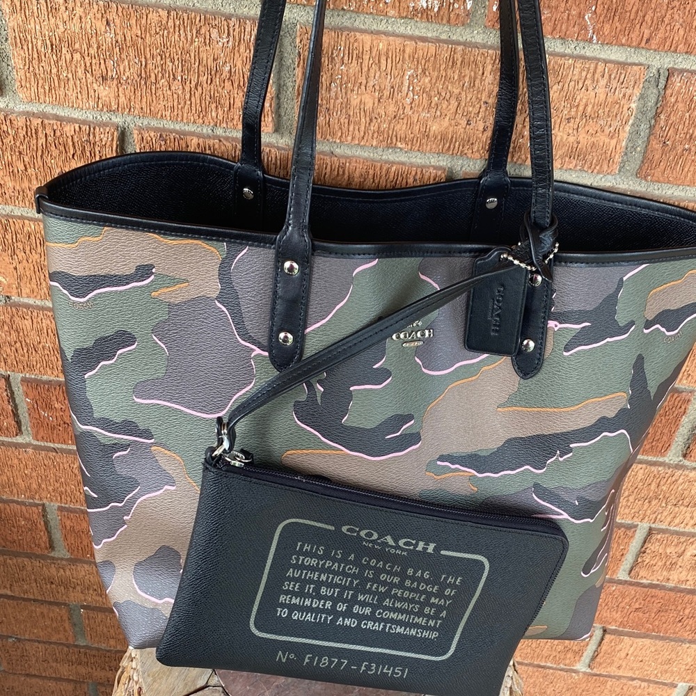 Coach Men’s Green Camo Tote with Black Trim and Pouch